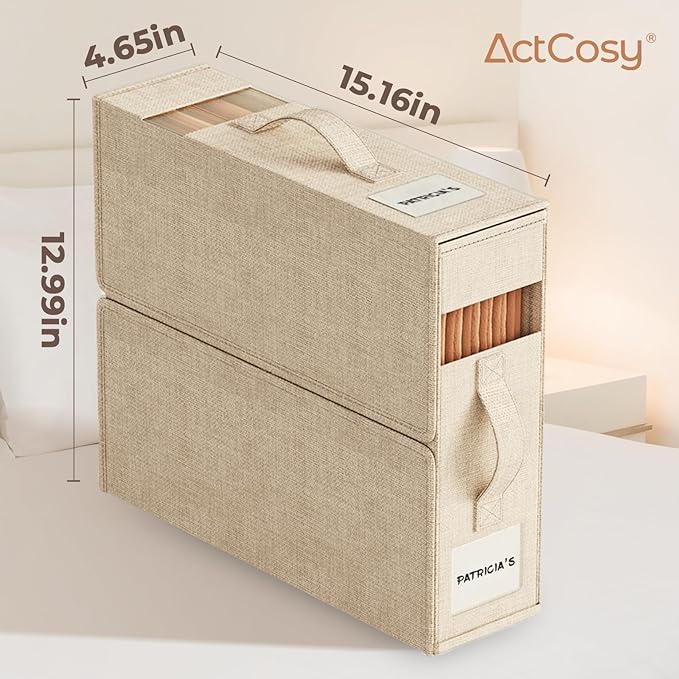6 Pack Sheet Organizers and Storage with Handles – Foldable Linen Closet Storage for King & Queen Sheet Sets – Clear Window & Removable Labels – Dustproof & Space-Saving Design, Beige