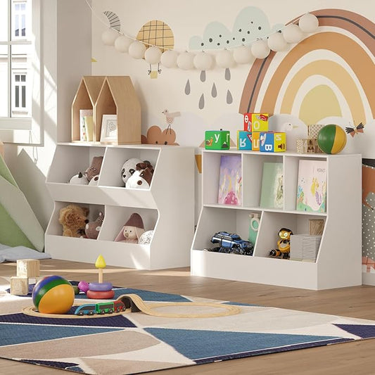DINZI LVJ Toy Storage Organizer, Kids Bookshelf, Wood Toy Storage Cabinet, 5 Cubby Children Bookcase, 39.4" L Toddler Book Shelf for Playroom, Living Room, Nursery, Hallway, School, White