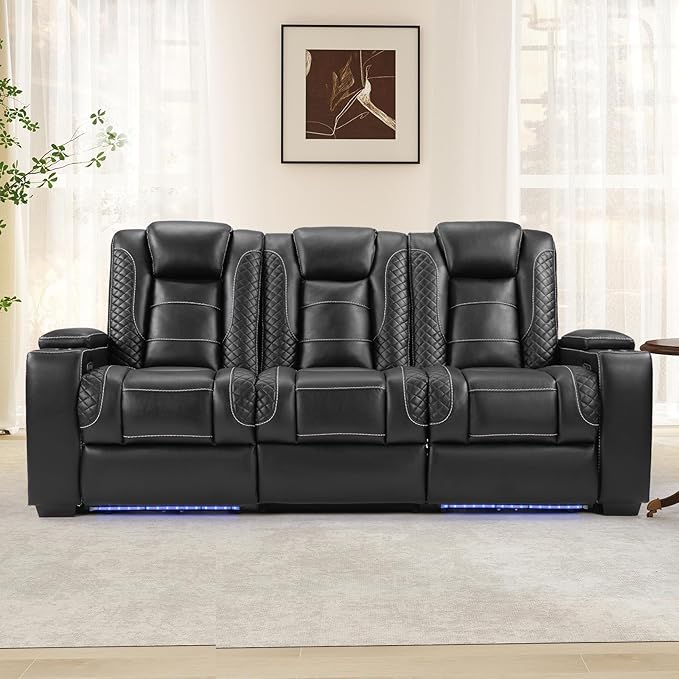 ANJ Power Reclining Loveseat with Fixed Middle Seat, 3-Piece Electric Recliner Sofa with LED Lights, USB Charging & Storage, Faux Leather Living Room Furniture for Home Theater (Black)