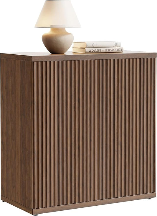 Fluted Buffet Cabinet Sideboard with Storage, Wooden Credenza with 2 Doors & Adjustable Shelf, Modern Fluted Accent Cabinet Coffee Bar for Living Room, Kitchen, Dining Room, Entryway, 15″ Deep, Brown