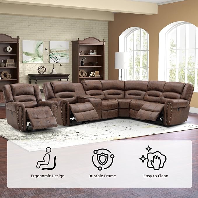 EBELLO Faux Leather Reclining Sectional Sofa Set, L-Shaped Power Corner Couch Home Furniture Set with Storage Console, Cup Holders, USB Port(Coffee Brown,Sofa with Recliner)
