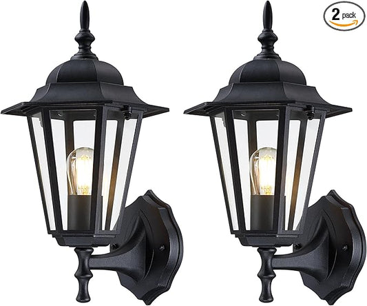Outdoor Wall Lantern, Exterior Waterproof Wall Light Fixtures with Clear Glass, Die-Aluminum Porch Light, Anti-Rust Outside Lighting for Patio Front Door Entryway, Matte Black, 2-Pack