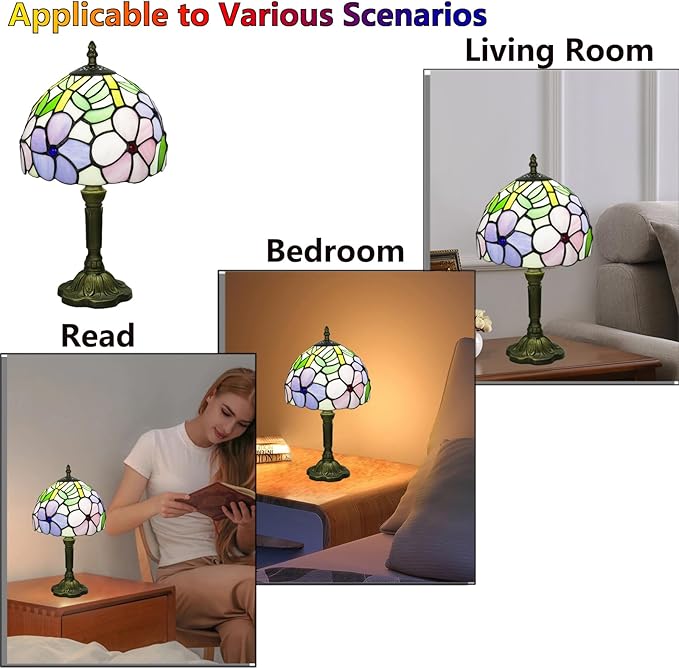 Crefotu Tiffany Style Table Lamp, 3 Color Temperatures Bedside Lamp, 8 Inch Stained Glass Desk Light for Home Office Bedroom Living Room (4 Flower Pattern)