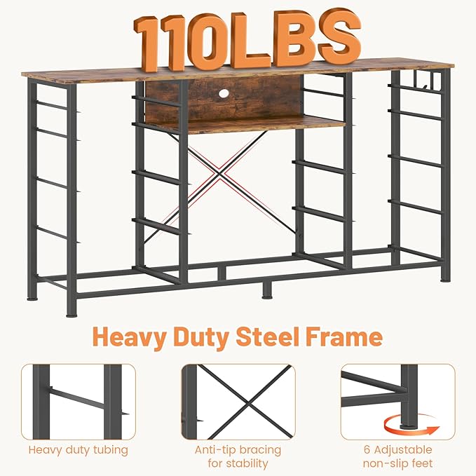 HCHQHS Dresser for Bedroom with 13 Drawers, 47 Inch Fabric Dresser with Remote Control Lights, Side Pockets & Hooks for Closet or Large TV Stand (Rustic Brown)