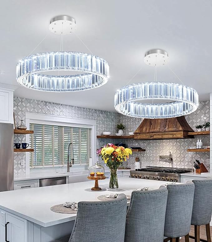 16'' Modern Ring Chandelier Crystal Chandeliers for Dining Room Round LED Dimmable Ceiling Light Fixture for Living Room Bedroom Lighting Silver