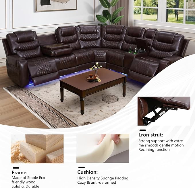 Power Recliner Sectional Sofa with LED Lighting, Breathing Leather Corner Couch with USB Port and Storage Console, Cup Holders– Home Theater & Living Room Seating (Brown)