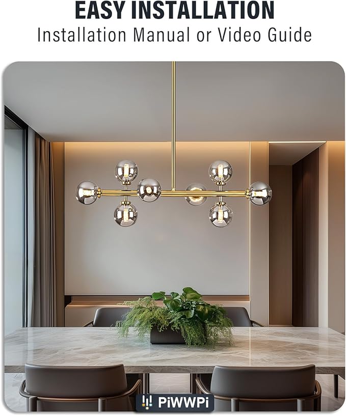 Modern Linear Chandeliers for Dining Room, 8-Light Globe Sputnik Pendant Ceiling Light, Brass Gold Dining Room Light Fixture Over Table, Mid Century Glass Smoke Grey Bubble, 31.5 Inch, GC-09