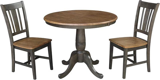 IC INTERNATIONAL CONCEPTS 36" Round Wood Extension Dining Table with 2 Chairs in Hickory/Washed Coal