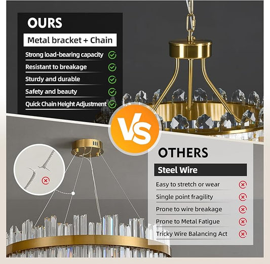 Gold Modern Round LED Crystal Chandelier - 17.7" Luxury 3 Colors Stepless Dimmable Chandeliers for Dining Room,Adjustable Height Ceiling Light Fixture for Kitchen Island Bathroom With Remote Control