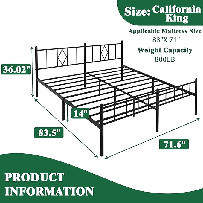 14 Inch California King Size Bed Frames with Headboard/Footboard, Under Bed Storage, Strong Metal Slats Support, No Box Spring Needed, Noise Free, Easy Assembly, Black