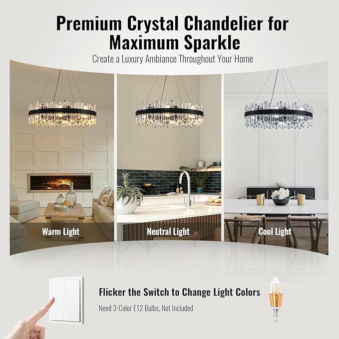 CROSSIO Modern Crystal Chandelier 16-Light Black Round 2 Tiers Raindrop Chandelier for Dining Room Luxury Large Flush Mount Ceiling Light for Living Room Entryway Foyer Bedroom D31.5''