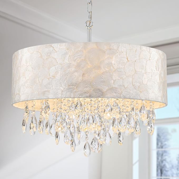 X-Large 6-Light Drum Capiz Shell Crystal Chandeliers, Coastal Style Pendant Light Fixture for Dining Room, Living Room, D24 x H23~71 inch(Adjustable), Shell Lampshade & Chrome Finish
