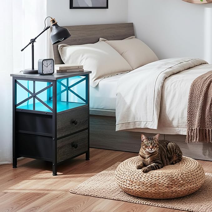 AMHANCIBLE Night Stand Set of 2 with Charging Station and LED Lights, Large 2-Drawer Bedside Tables with USB Ports and AC Outlets, Modern Nightstand for Bedroom, Dark Grey HET052LDG