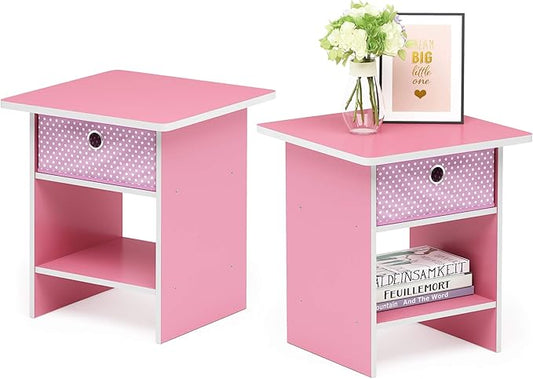 Furinno Dario End Table / Side Table / Night Stand / Bedside Table with Bin Drawer, 2-Pack, Pink/Light Pink