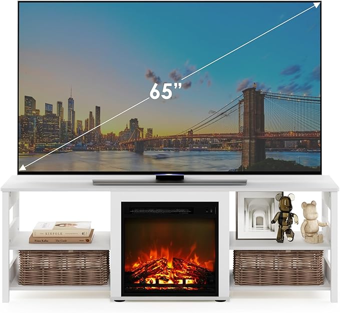 Furinno Classic 70 Inch TV Stand with Fireplace, White Emboss
