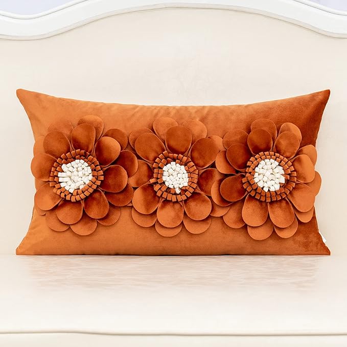 Alerfa 3D Flower Handmade Throw Pillow Cover Decorative Orange Velvet Pillowcase Cushion Cover with Hidden Zipper for Couch Bed Living Room Home Decor 12x20 Inches