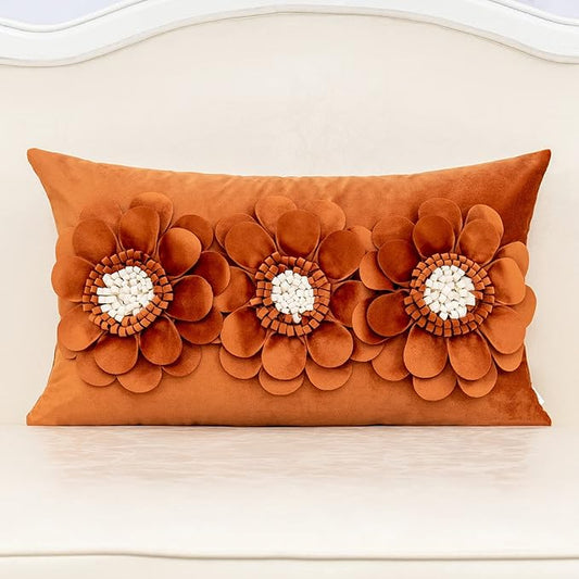 Alerfa 3D Flower Handmade Throw Pillow Cover Decorative Orange Velvet Pillowcase Cushion Cover with Hidden Zipper for Couch Bed Living Room Home Decor 12x20 Inches