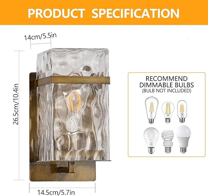Outdoor Wall Light, Vintage Gold Exterior Waterproof Lanterns,Porch Sconces Wall Mounted Lighting with E26 Sockets & Glass Shades, for Garage,Doorway,Patio,Front Door