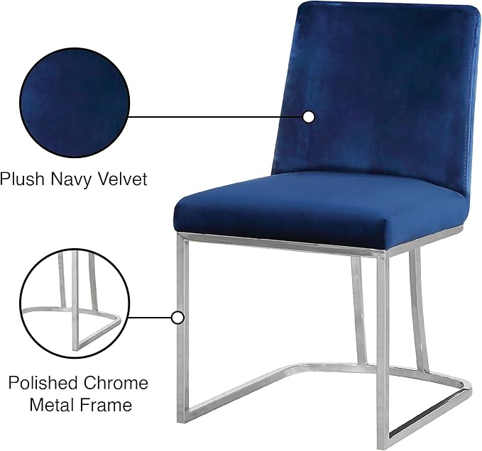 Meridian Furniture Heidi Collection Modern | Contemporary Velvet Upholstered Dining Chair with Polished Chrome Metal Frame, Set of 2, 19" W x 23" D x 32" H, Navy