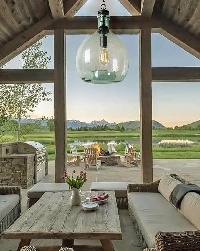 CASAMOTION Green Pendant Lights Kitchen Island Hand Blown Glass Large Entryway Foyer Hanging Light Fixtures Modern Rustic Style Dining Room Hallway Globe Shade 13 Inch Diam