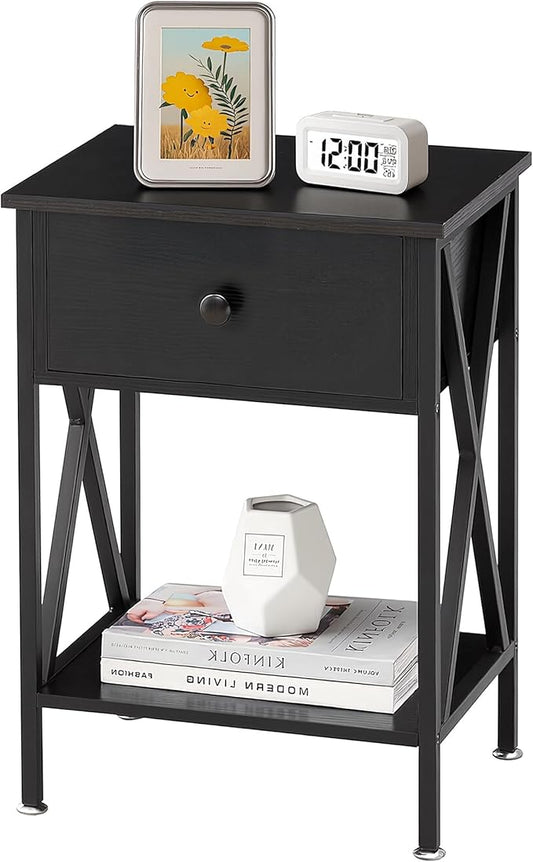 VECELO Night Stand with Drawer, 2 Tiers Storage Shelves End Table, Small Side Table for Small Spaces,Night Stand for Living Room, Bedroom, Black
