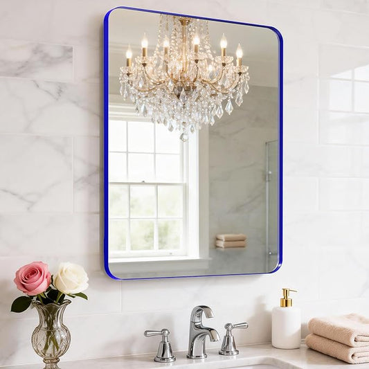 18" x 24" Blue Bathroom Mirror Wall Mounted, Matte Aluminum Alloy Frame with Rounded Corners, Shatterproof Tempered Glass, Anti-Rust HD Vanity Mirror for Bathroom, Bedroom, Entryway