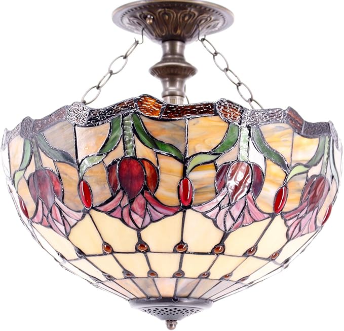 WERFACTORY Tiffany Ceiling Light Fixture Red Yellow Tulip Stained Glass Semi Flush Mount Lamp Wide 16 Inch Height 15 Inch Tiffany Ceiling Lamp S030 Series