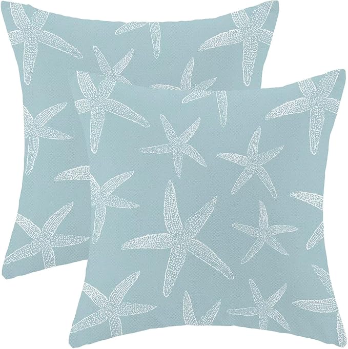 BETGINY Coastal Seafoam Blue Starfish Throw Pillow Cover 16 x 16 Inch Pack of 2,Summer Nautical Ocean Decorative Pillow Covers Square Linen Beach Pillow Cases Cushion for Bedroom Home Sofa Decor