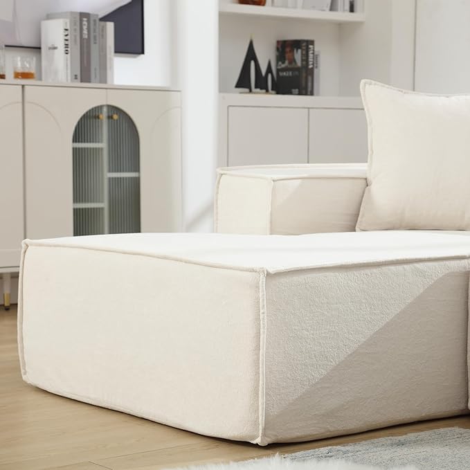 Ball & Cast 129" Tofu Block Modular Sofa Set with Left-Hand Facing Chaise,Modern Sectional Couch W/Square Armrest & Pillows,Free Combination,Italian Minimalist Style,for Livingroom,Beige Terrycloth