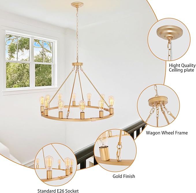 31.5" 12 Lights Gold Wagon Wheel Chandelier, Farmhouse Metal Round Industrial Large Round Pendant Light for Living Room Dining Room Foyer Entryway Kitchen