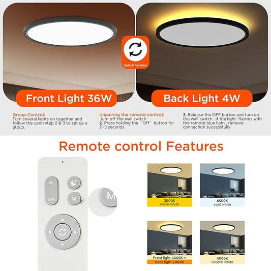 TALOYA Flush Mount Ceiling Light with Remote,3000K-6500K Adjustable,2000K Nightlight,15.8 Inch, Led Low Profile Ceiling Lights for Bedroom, Living Room, Kitchen, Black