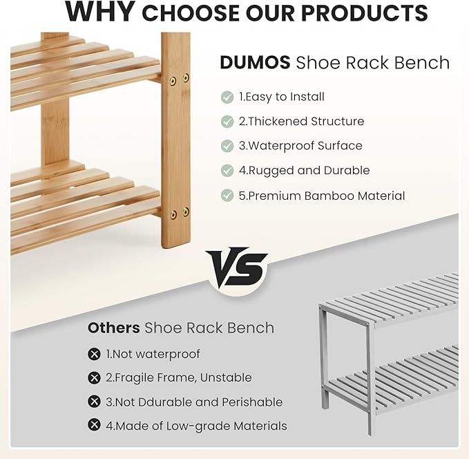 DUMOS Shoe Rack Bench, 3-Tier Bamboo Entryway Benches, Holds Up to 286 lb Storage Organizer, 11.3 x 27.6 x 17.8 Inches, Suitable for Bedroom Living Room Balcony, Classical Wood
