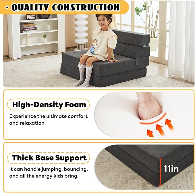 jela Foldable Sofa Bed Large Soft Foam Convertible Sleeper Chair Luxury Miss Fabric Fold Out Chair Bed Floor Couch with Back Support Floor Sofa for Living Room Bedroom (83"x33",Dark Gray) | breathable material