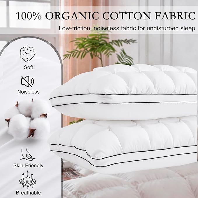 YOUR MOON Soft Support Pillow Queen Size Set of 2, 100% Cotton Cover Noiseless Pillows, Fluffy Down-Alternative Pillow for Sleeping, Luxury Hotel Bed Pillows for Side Sleepers (White)
