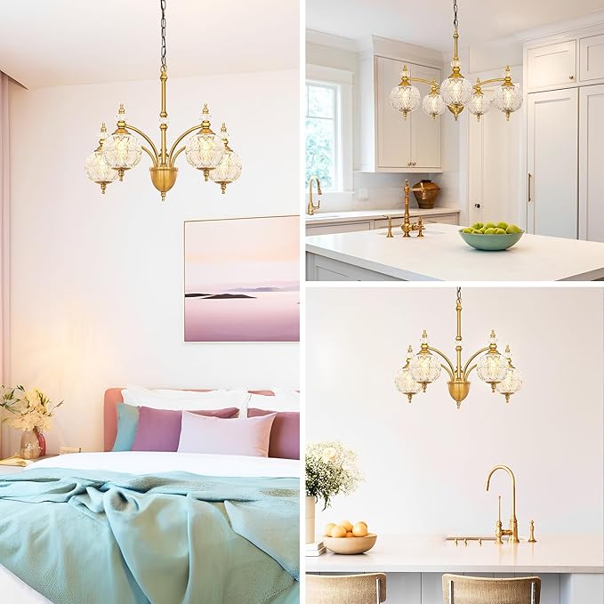 Vintage Brass Chandelier - Adjustable Height Dining Room Light Fixture with Handcrafted Blown Glass - 5-Light E26 Base, Ideal for Kitchen, Entryway, Bedroom, Enhances Luxury Home Decor for Discerning