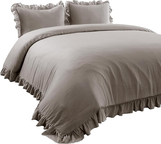 Lush Decor Reyna Ruffle Comforter Set - 3 Piece Cozy Ruffled Bedding Set - Timeless Elegance and Comfort for Dorm Room - Full/ Queen, Gray
