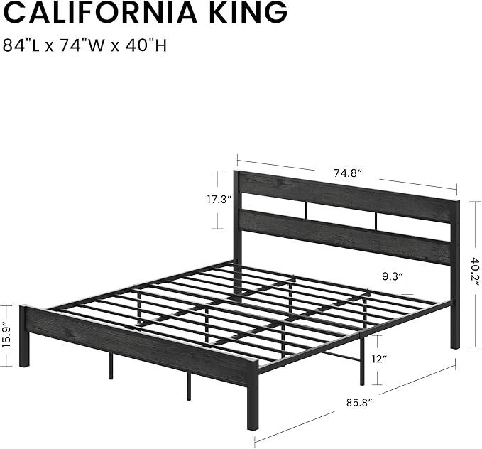 LIKIMIO California King Bed Frame with Headboard, Easy Assembly, Noise-Free, No Box Spring Needed, Heavy Strong Metal Support Frames, Charcoal Grey
