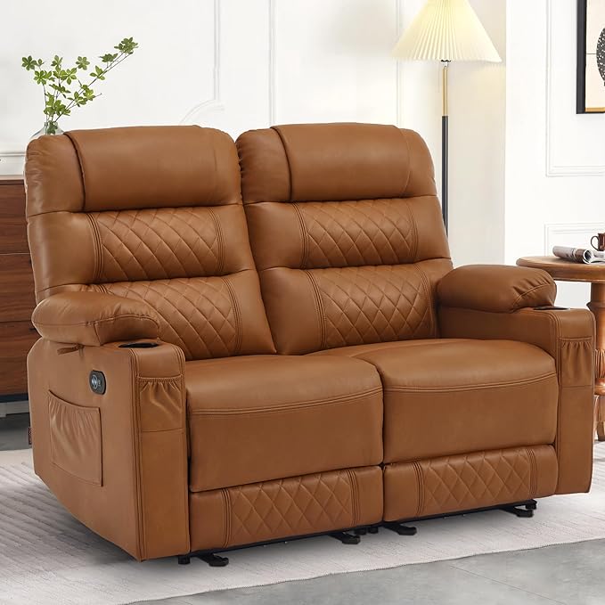 MCombo 56.3" Zero Gravity Power Loveseat Recliner with Heat and Vibration Massage, Reclining Loveseat Sofa with USB Ports, Cup Holders for Living Room, Faux Leather PR622Sets (Saddle)