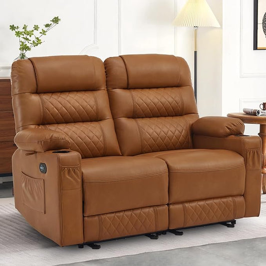 MCombo 56.3" Zero Gravity Power Loveseat Recliner with Heat and Vibration Massage, Reclining Loveseat Sofa with USB Ports, Cup Holders for Living Room, Faux Leather PR622Sets (Saddle)