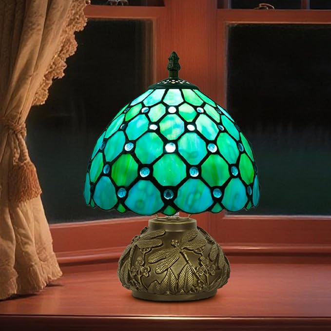 JHuiLap Small Tiffany Stained Glass Lamp, 3 Color Temperatures Bedside Lamp, 8 Inch Blue Pearl Beads Style Mushroom Desk Light for Bedroom Living Room Office Home Decor (Blue)