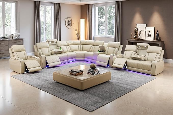 Leather Power Reclining Sectional Sofa Set with LED, Leather Sectional Recliner Couch Set with 5 Recliner Seats,Modular Sofa with USB Port,Cup Holder,Storage for Living Room Furniture