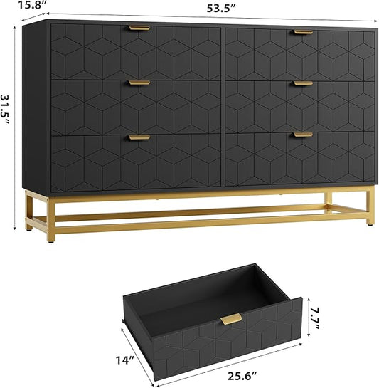 GAOMON Dresser for Bedroom, 53.5" Large Dresser Organizer, 6 Drawer with Golden Metal Handle and Legs, Modern Chest of Drawers, Black Dressers with Drawers for Closet, Hallway, Living Room, Entryway