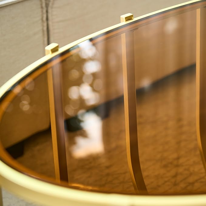 Saint Mossi Glass Oavl Coffee Table for Living Room, Modern 2-Tier Gold Center Table, Brown Glass Top and Walnut Shelf with Gold Finish Legs & Frame
