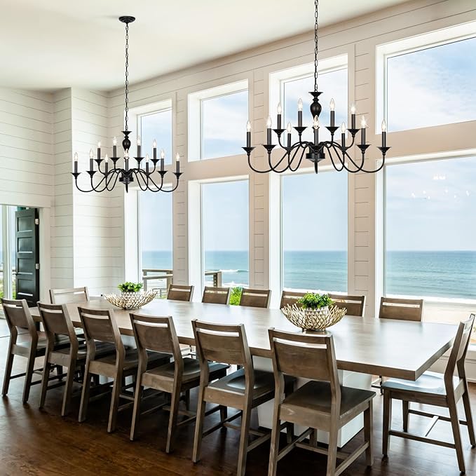 Black Farmhouse Chandeliers for Dining Room Light Fixtures Over Table, 12 Light Industrial Candle Hanging Chandeliers for Living Room Kitchen Island Foyer Staircase