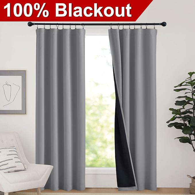 NICETOWN Thick Blackout Curtains for Bedroom, Pair of Energy Smart & Noise Blocking Out Full Shade Curtain Panels, Thermal Insulated Guest Room Rod Pocket Window Dressing(Silver Gray, 42 x 84 inch)