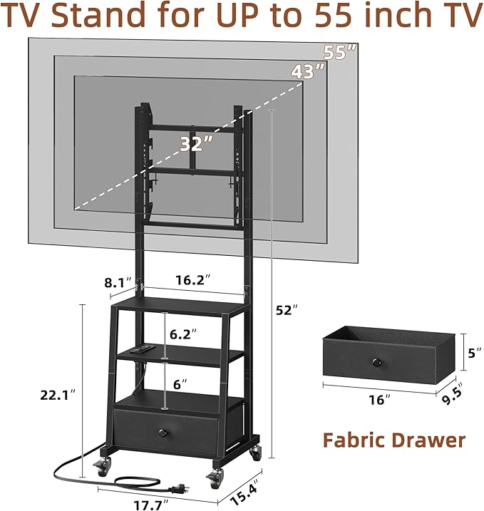 Rolling TV Stand with Wheels and Mount & Fabric Drawer - Entertainment Center with Power Outlet and Small TV Stand for Bedroom, Living Room - 15" Black