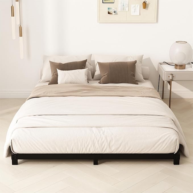 4 Inch King Size Bed Frame, Heavy Duty Metal Platform Low King Bed Frame, No Box Spring Needed, Noise Free, Easy Assembly, Black