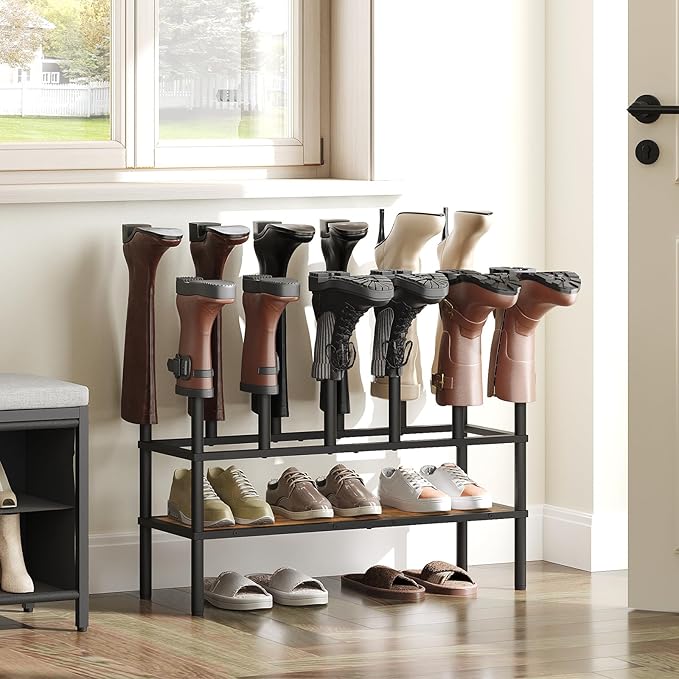 Free Standing Shoe Rack, Tall Boots Rack Organizer, Boot Organizer for Closet, Cowboy Shoes Storage, Holds 6 Pairs, Black and Rustic Brown SS09BRY1