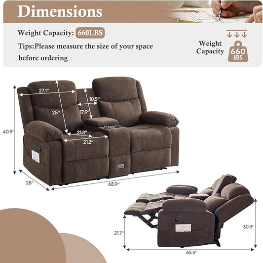 Loveseat Recliner Sofa, Manual Recliner Loveseat with Console, Modern Chenille Sofa Sleeper Deep Couches with Cup Holders and Side Pocket for Living Room/Office/Apartment (Brown) | Heating and Massage, Hidden Drawer