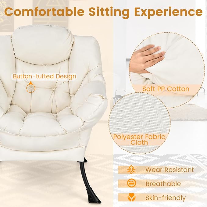 KOMFOTT Modern Accent Chair, Soft Upholstered Lazy Sofa with Side Pocket & Armrests, Single Sofa Armchair, Leisure Sofa Chair for Living Room, Bedroom, Beige